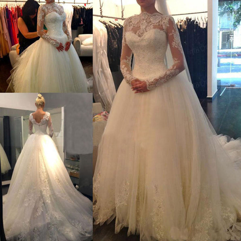 Long Sleeve Illusion White Lace Tulle Wedding Dresses, Cheap Vantage V-back Bridal Gown, WD0007