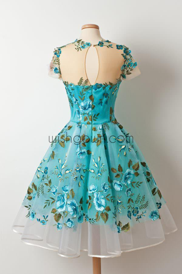 Short Sleeves Unique Applique Blue Short Homecoming Dresses, WG804