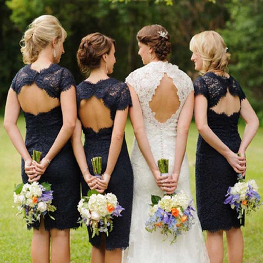 Charming Elegant Lace Navy Blue Open Back Knee-Length Short Mini Cap Sleeve Cheap Bridesmaid Dresses, WG095 - Wish Gown