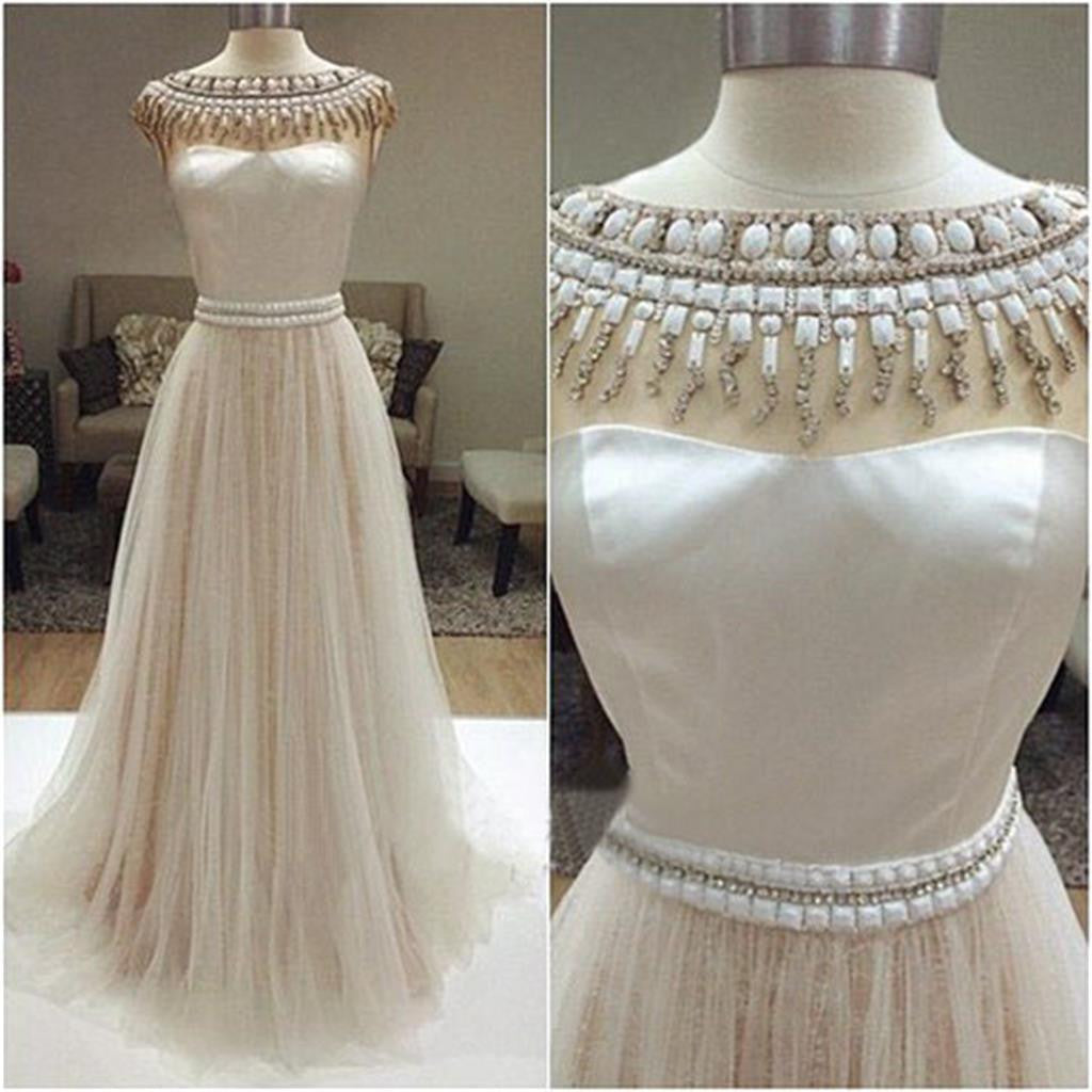 Long Charming Cap Sleeve Beading Gorgeous Cheap Tulle Evening Prom Dresses Online, PD0106