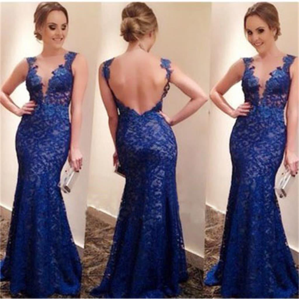 Long Blue Lace Sheath Cheap Sexy Backless Long Evening Prom Dresses Online, PD0110