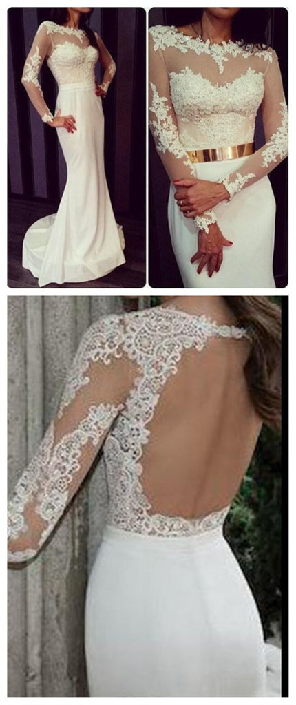 Newest White Long Sleeves Formal Sexy Charming Lace Open Back Prom Dresses Online, PD0118