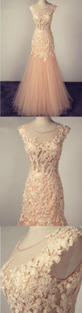 Scoop Tulle Lace Appliques Charming Popular Pretty Evening Long Prom Dress, PD0138