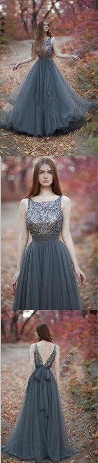 V-Back Tulle Charming Gray Popular Pretty Evening Cheap Long Prom Dress Ball Gown, PD0140