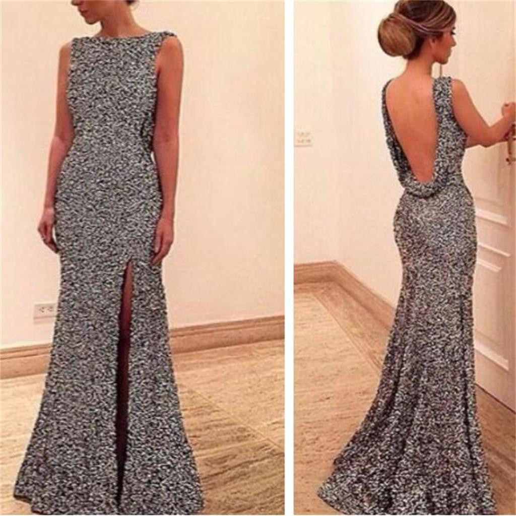 Side Slit Silver Sequin Backless Sexy New Arrival Evening Long Prom Dresses Online, PD0142
