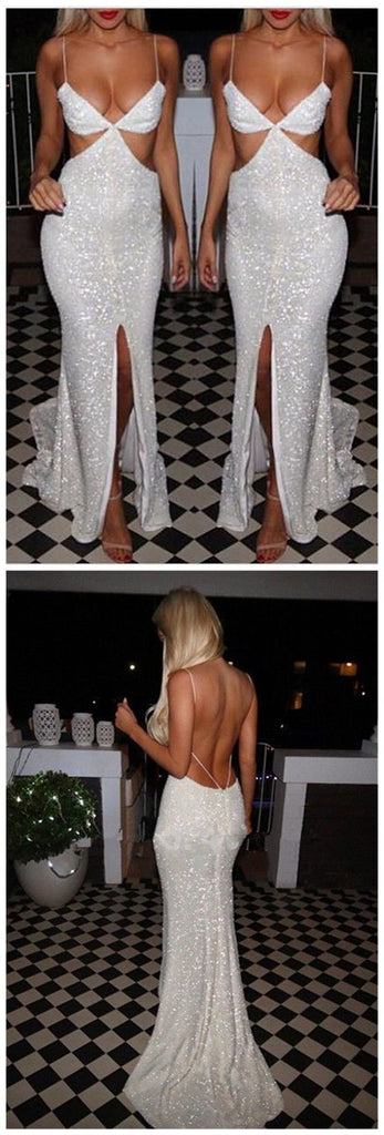 Side Slit Spaghetti Straps Sequined White Open Back Sexy Bling Evening Long Prom Dress, PD0145