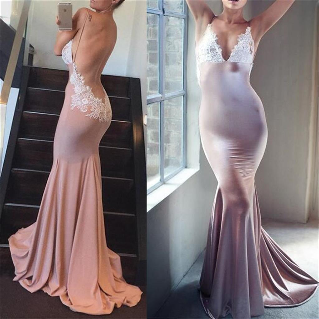 Spaghetti Straps Backless Sexy Mermaid V-Neck Party Evening Long Prom Dress, PD0195