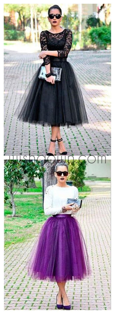 Lace Black Long Sleeves Evening Party Affordable Tea Length Prom Dresses, PD0039