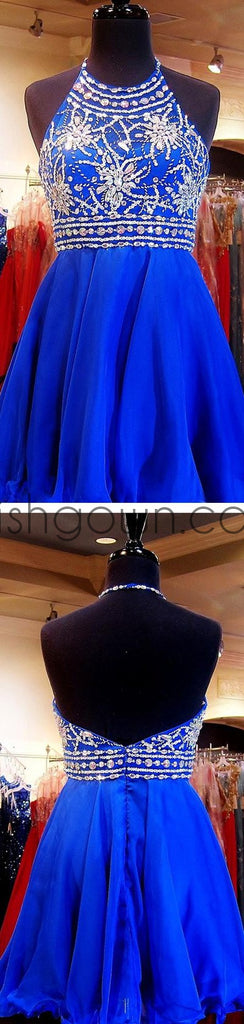 Beaded Royal Blue Short Halter Cute Sweet 16 Cocktail Graduation Homecoming Dress, PD0004 - Wish Gown