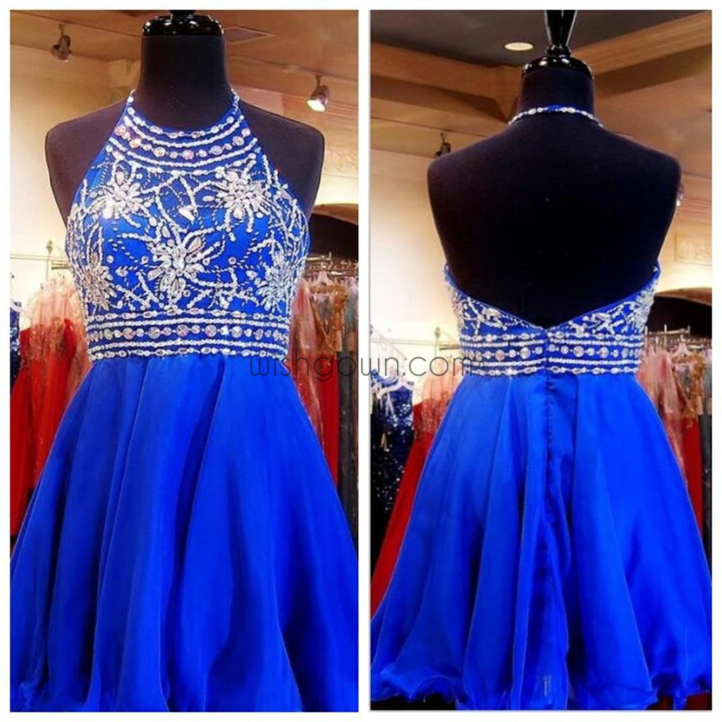 Beaded Royal Blue Short Halter Cute Sweet 16 Cocktail Graduation Homecoming Dress, PD0004 - Wish Gown