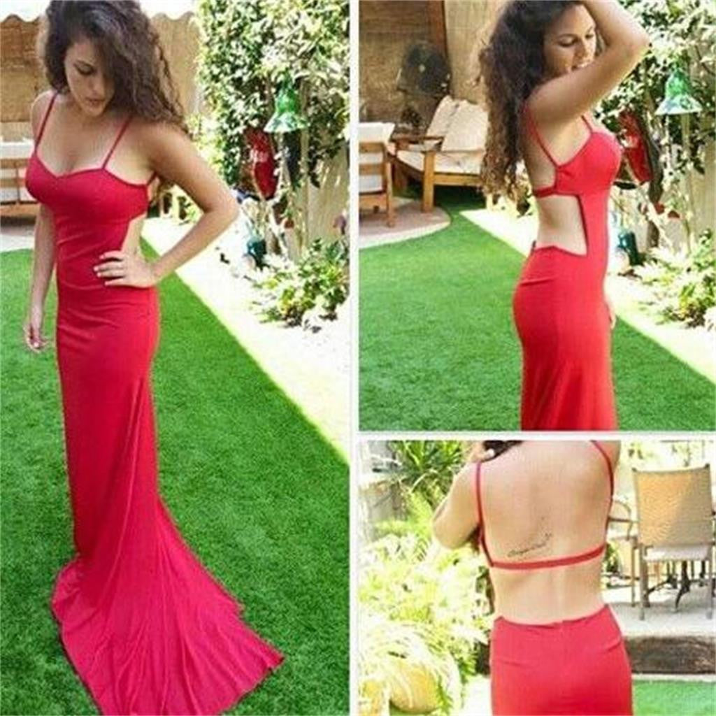 Spaghetti Straps Sexy Mermaid Open Back Unique Red Evening Long Prom Dress, PD0064