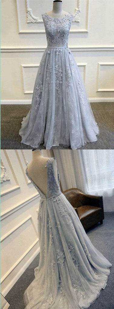 Stunning V-Back Scoop Neck Tulle Lace Appliques Evening Long Prom Dresses, PD0083