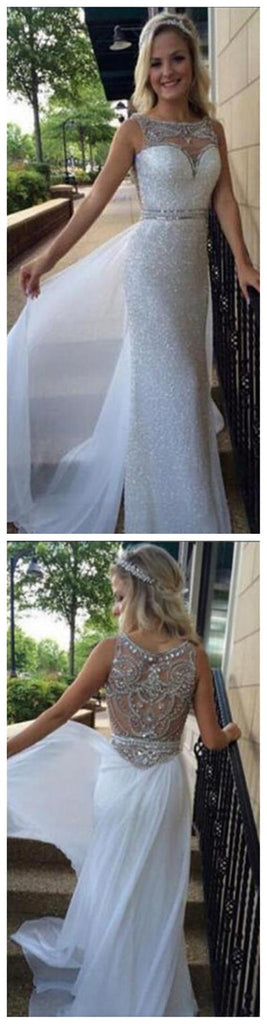 Long White Off Shoulder Sleeveless Sparkle Sequin Elegant Discount Newest Prom Dresses, PD0092