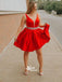 Red Short Backless Beaded V-neck Satin Homecoming Prom Dress, BD00166