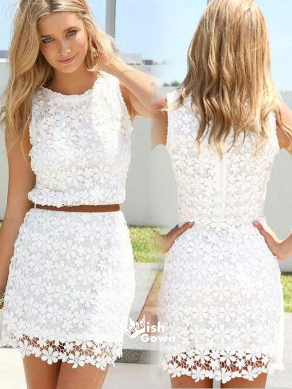 White Lace Two Pieces Tight Sleeveless Short Homecoming Prom Dresses, BD00177
