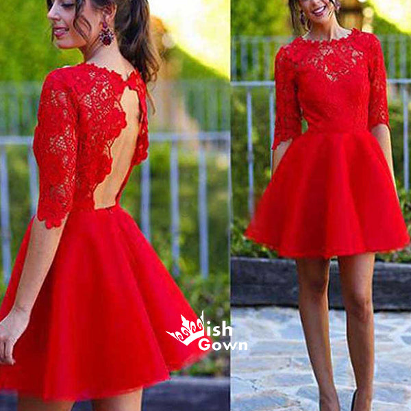 Charming Red Half Sleeve See Through Lace Open Back Homecoming Prom Gown Dress, BD0023