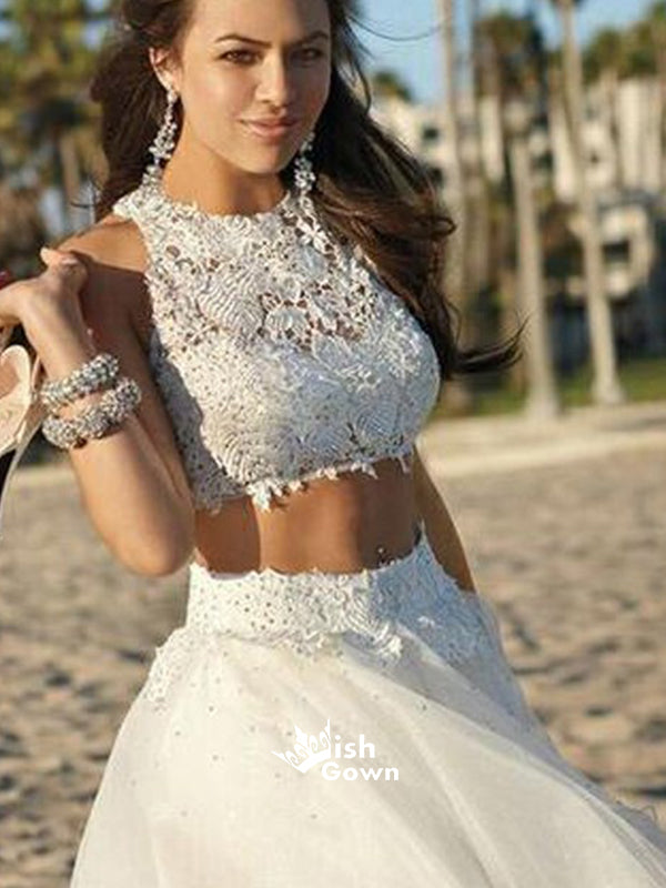 White Halter Lace Two Pieces Short Beach Wedding Bridesmaid Homecoming Dress, BD0093