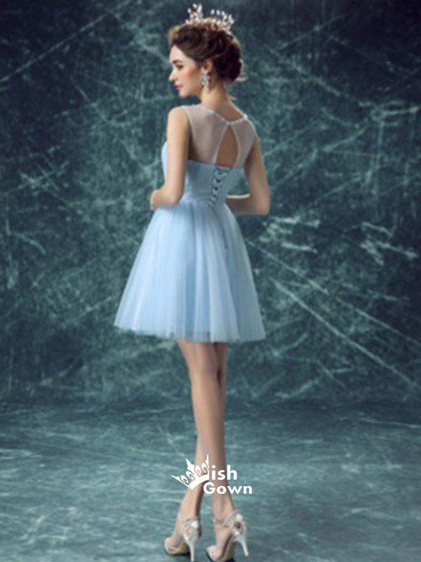 Light Blue Illusion Tulle Cute Homecoming Prom Cocktail Dresses, CM0017