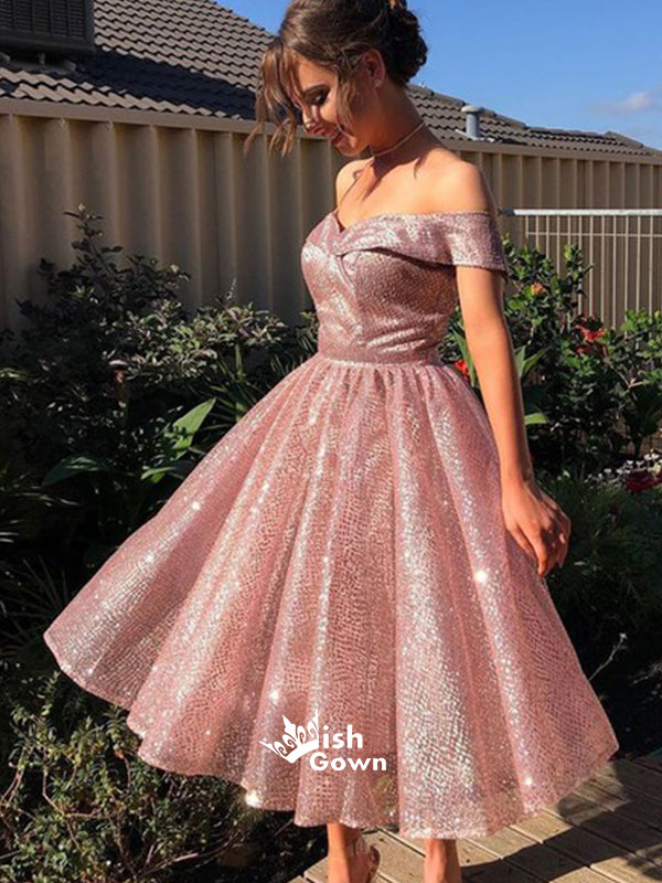 Bling Bling Off-shoulder Sequin Rose Short Homecoming Dresses, EPT119