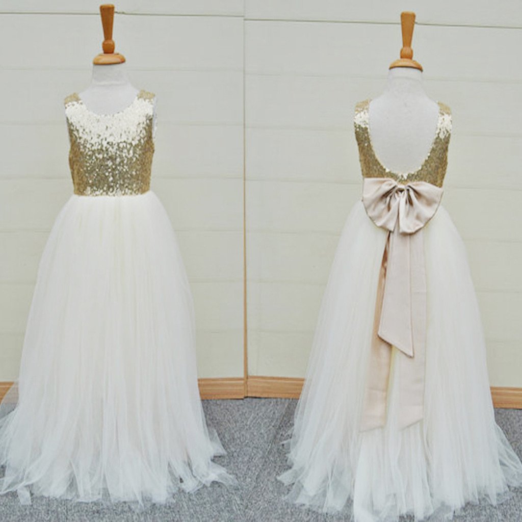 Gold Sequin Top White Tulle Cute Flower Girl Dresses For Wedding Party, FG002 - Wish Gown