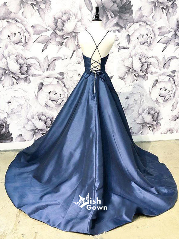 Simple Blue Satin Lace Up Back Long Prom Dresses, MD1108