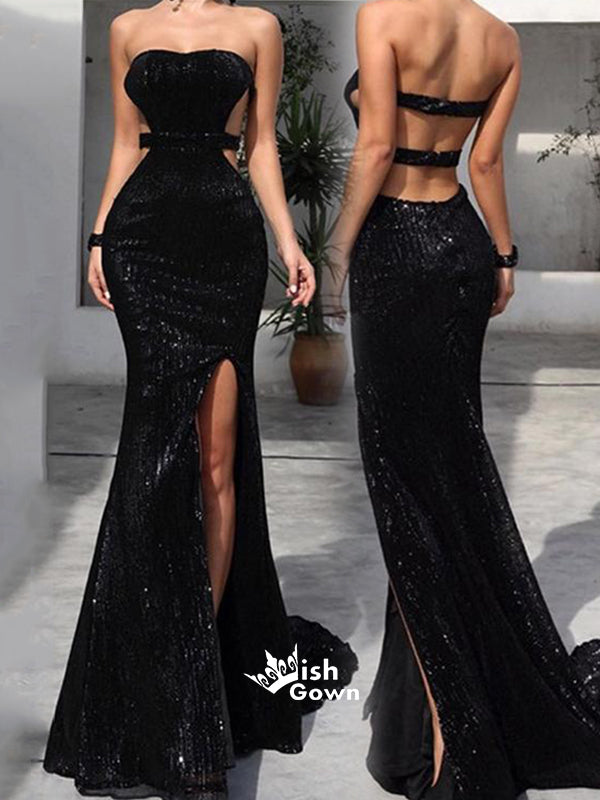 Sexy Open Back Side Slit Mermaid Sparkle Long Prom Dresses, MD1109