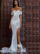 Silver Off Shoulder Side Slit Long Sparkle Sequin Prom Dresses, MD1113