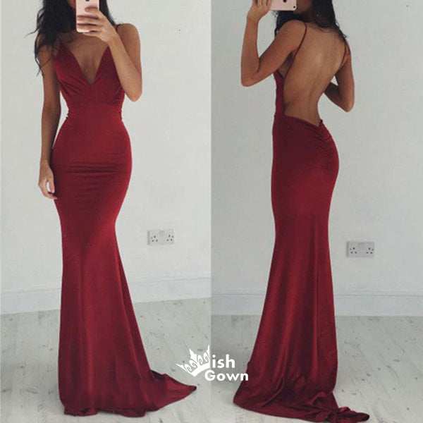 Backless Spaghetti Straps Sexy Burgundy V-neck Mermaid Evening Inexpensive Long Prom Dresses, PD0161