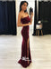 Burgundy One Shoulder Sheath Side Split TIght Evening Party Long Prom Dress, PD0167