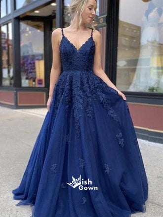 Royal Blue Tulle Spaghetti Strap V-back Appliques Top Long Prom Dresses, PG1107