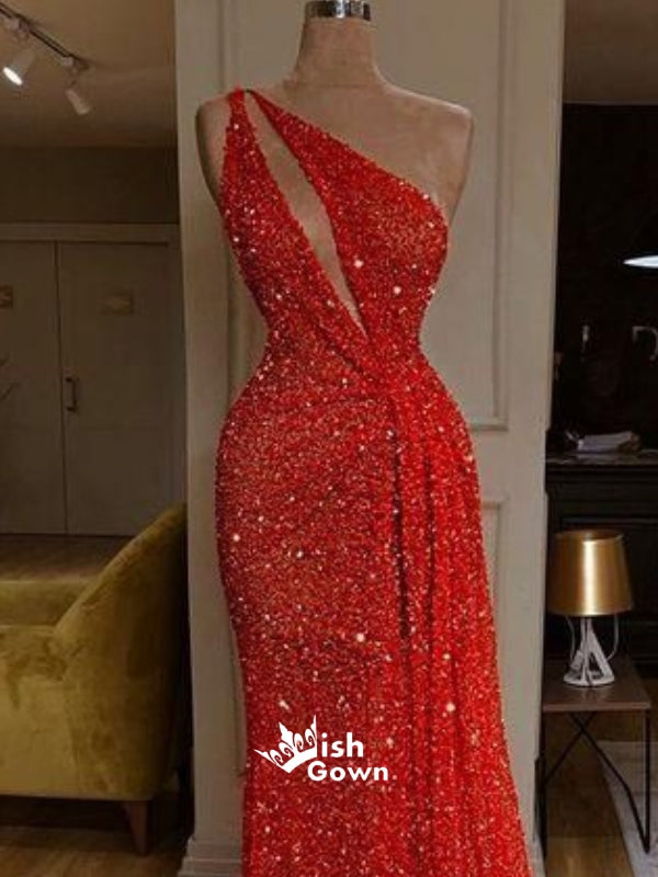 One Shoulder Red Sexy Sparkle Long Prom Dresses PG1120