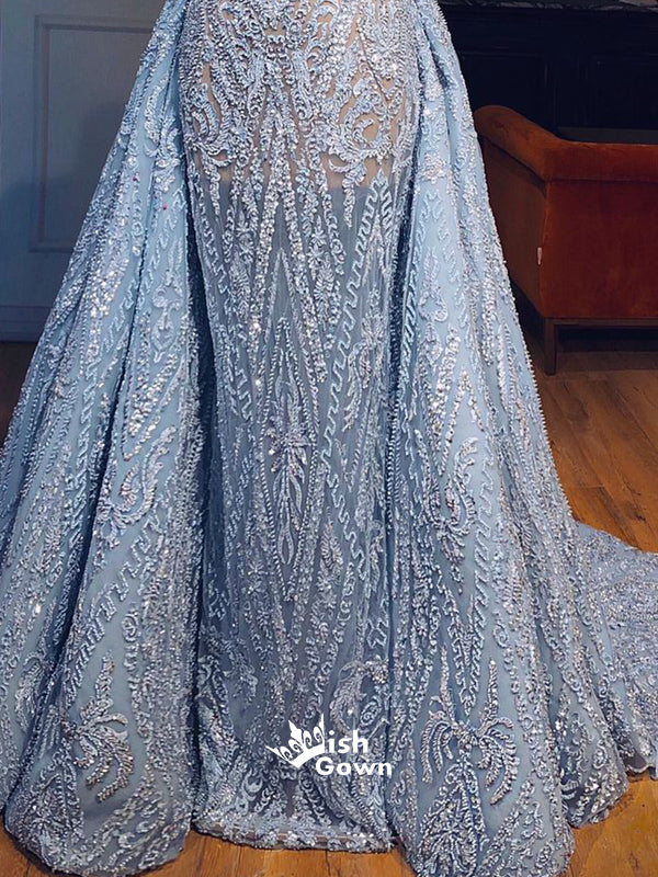 Unique Applique Lace Blue Long Prom Dresses, PG1168