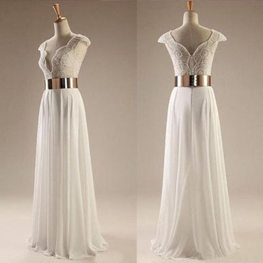 White Beading Cap Sleeves Elegant Custom Long Side Slit Party Evening Prom Dresses, PD0082