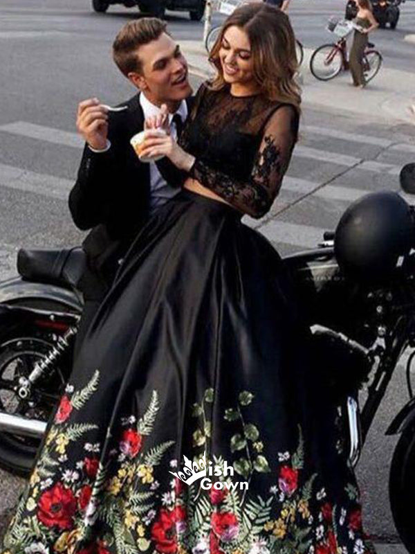 Two Pieces Black Lace Long Sleeves Open Back A-line Prom Dresses with Flowers, SG101