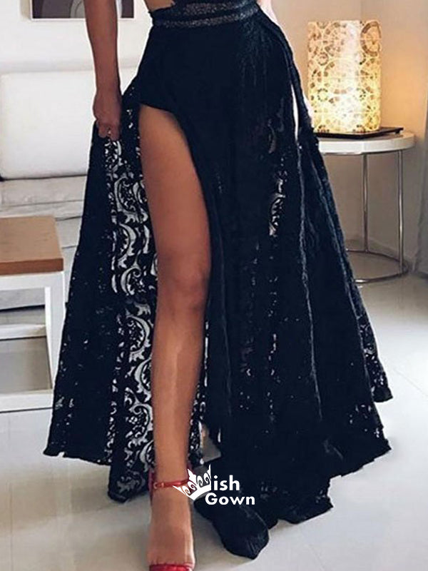 Sexy Black High Slit Lace Halter Evening Party Prom Dresses, SG147