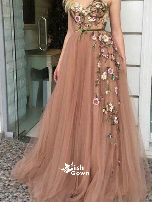 Tulle Applique Strapless A Line Sweetheart Formal Long Prom Dresses, SG151