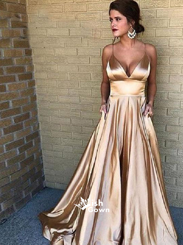Champagne Gold Spaghetti Strap A Line Simple Cheap Long Prom Dresses, SG155