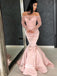 Off the Shoulder Lace Long Sleeves Mermaid Pink Satin Long Prom Dresses, SG156