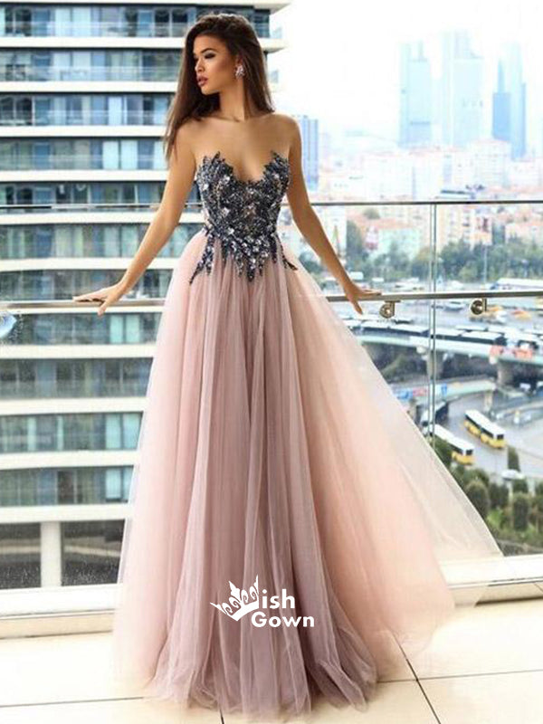 Popular Tulle Applique A Line Long Prom Dresses, SG164