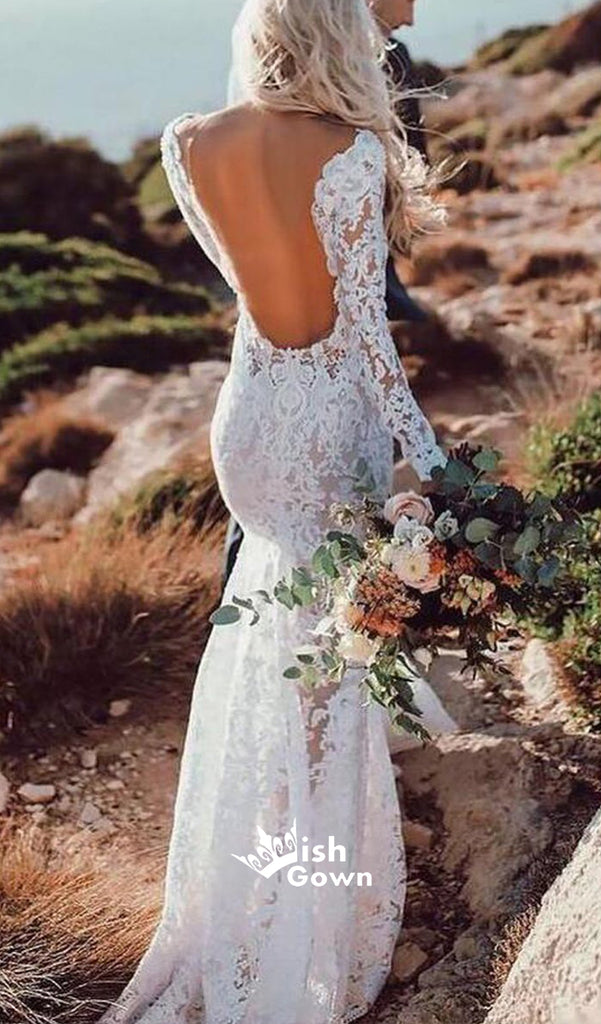 Lace Mermaid V Neck Open Back Long Bridal Wedding Dresses, STZ318