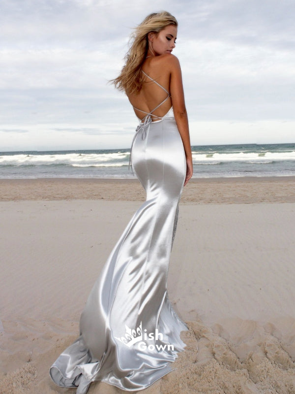 Silver Halter Open Back Mermaid Sexy Cheap Long Evening Prom Dresses, WG1018
