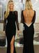 Sexy Black Long Sleeve Open Back Mermaid Side Split Long Evening Prom Dress, WG212