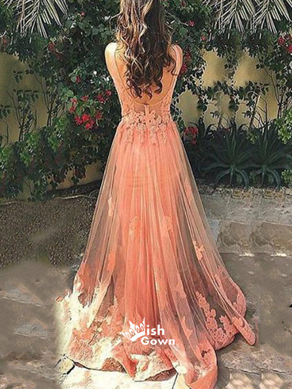 Charming Lace Tulle Peach Unique Pretty Formal Inexpensive Applique Long Prom Dresses, WG254