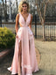 Simple Light Pink Soft Satin Lace Top Sexy Long A-line Slits Prom Dresses, WG366