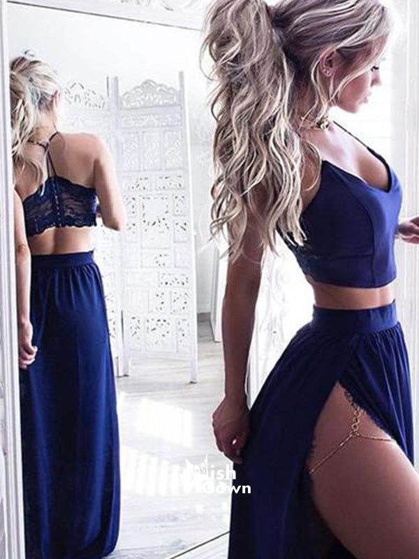 2 Pieces Popular Sexy Side Split Royal Blue Lace Beach Long Prom Dresses, WG765