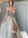 Elegant Pale Grey A-line Tulle V-neck Beaded Top Sexy Popular Long Prom Dresses, WG777