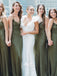 Teal Green Spaghetti Strap Satin Sheath Backless Long Bridesmaid Dresses, WGM013