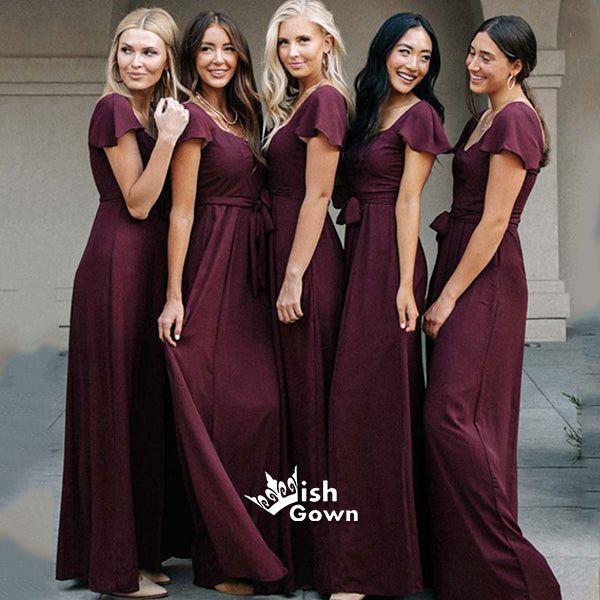 Square Collar Burgundy Short Sleeves High Waist A-line Long Bridesmaid Dresses, WGM021
