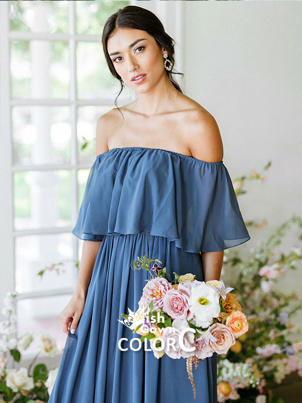 Different Blue Off Shoulder Chiffon A-line Wedding Guest Long Bridesmaid Dresses, WGM025