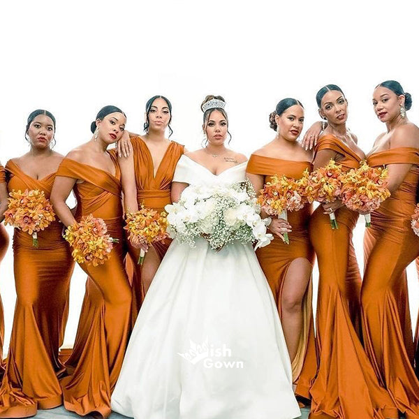 Burnt Orange Mermaid Side Split Off Shoulder Satin Wedding Guest Bridesmaid Dresses, WGM033